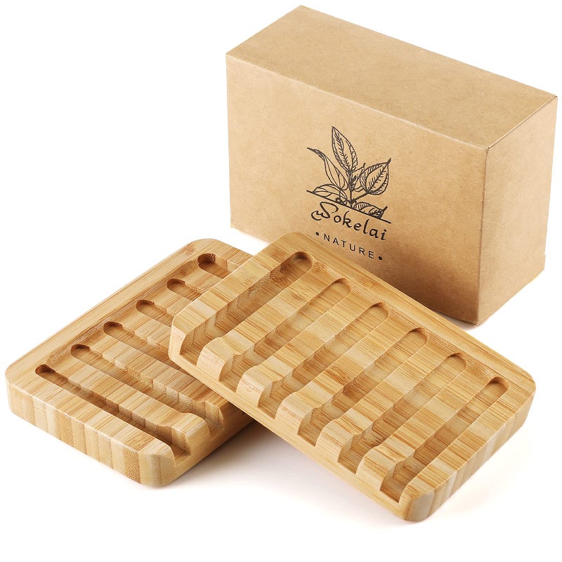 wokelai Shampoo Bar Holder Bamboo Soap Dish for Shower Wood Soap Dishes Wooden Soap Saver Tray Stand Self Draining Travel Soap Container Case for Bathroom Kitchen Bath Tub Razor Sponges  Waterfall Drain 2 PCS - Image 1